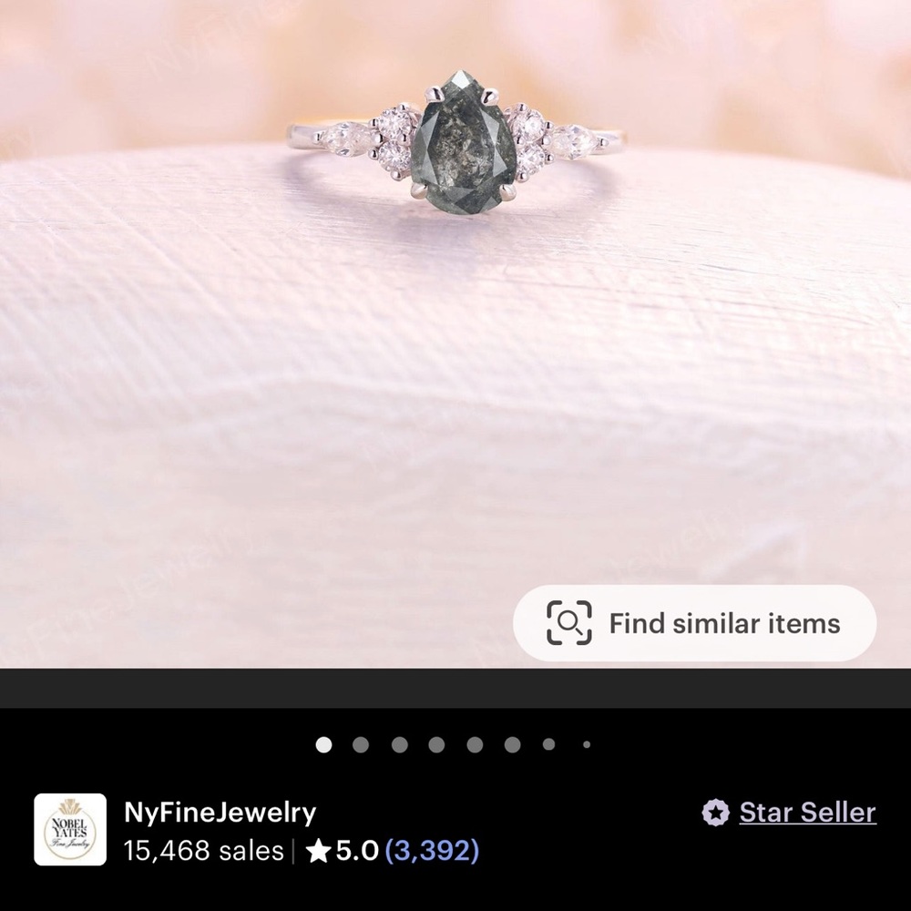 salt and pepper diamond with a 14k rose gold band. Size is 7